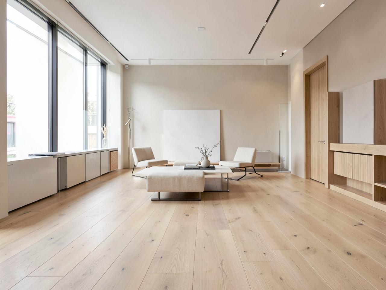 Modern flooring showroom interior with wide plank oak flooring